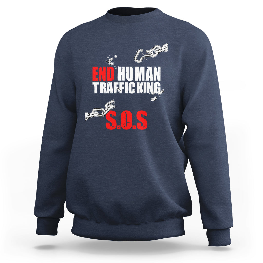 Navy crewneck sweatshirt with 'END HUMAN TRAFFICKING' and red 'S.O.S.' front graphic