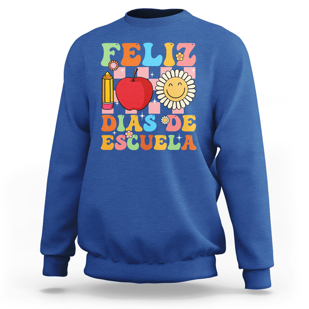 Blue sweatshirt with colorful Feliz 100 Dias De Escuela school graphic