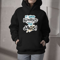 Black pullover hoodie with front graphic text and kangaroo pocket