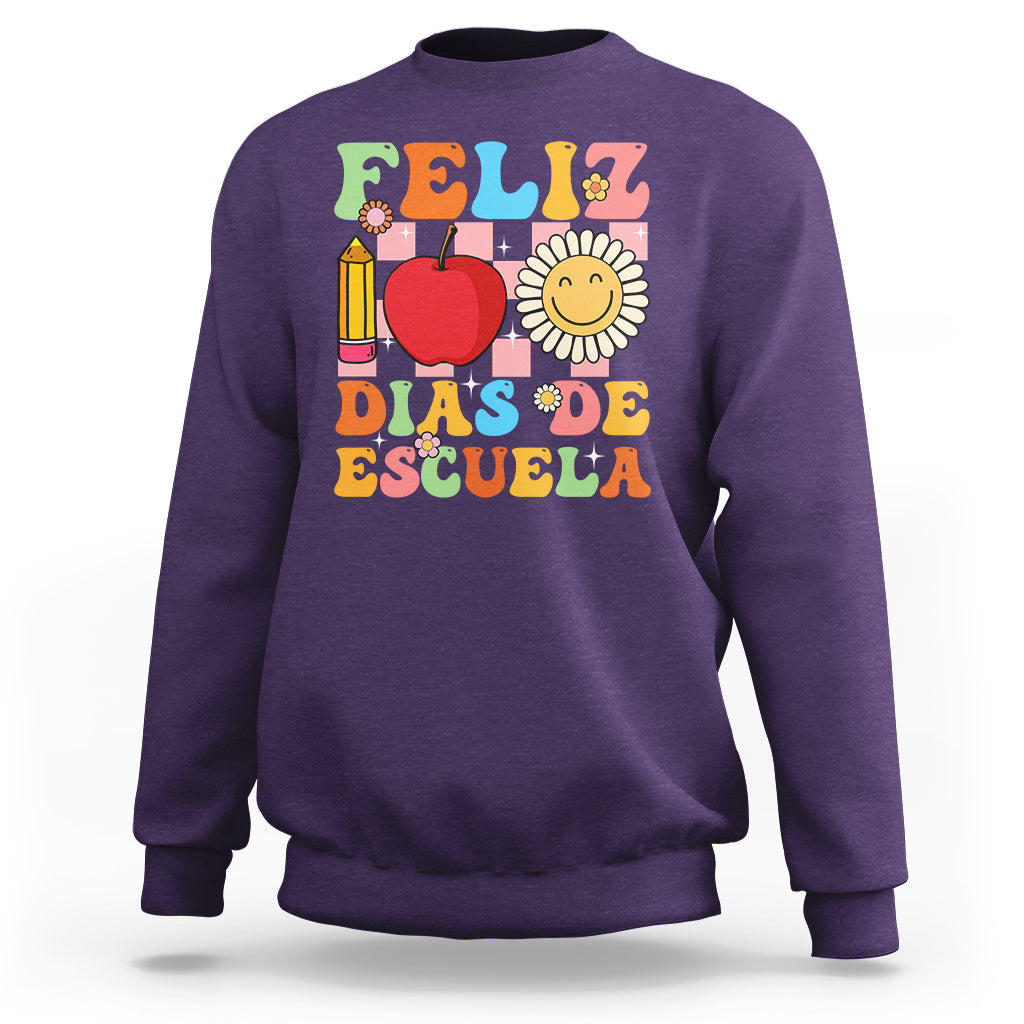 Adult purple sweatshirt with colorful 100 days of school graphic