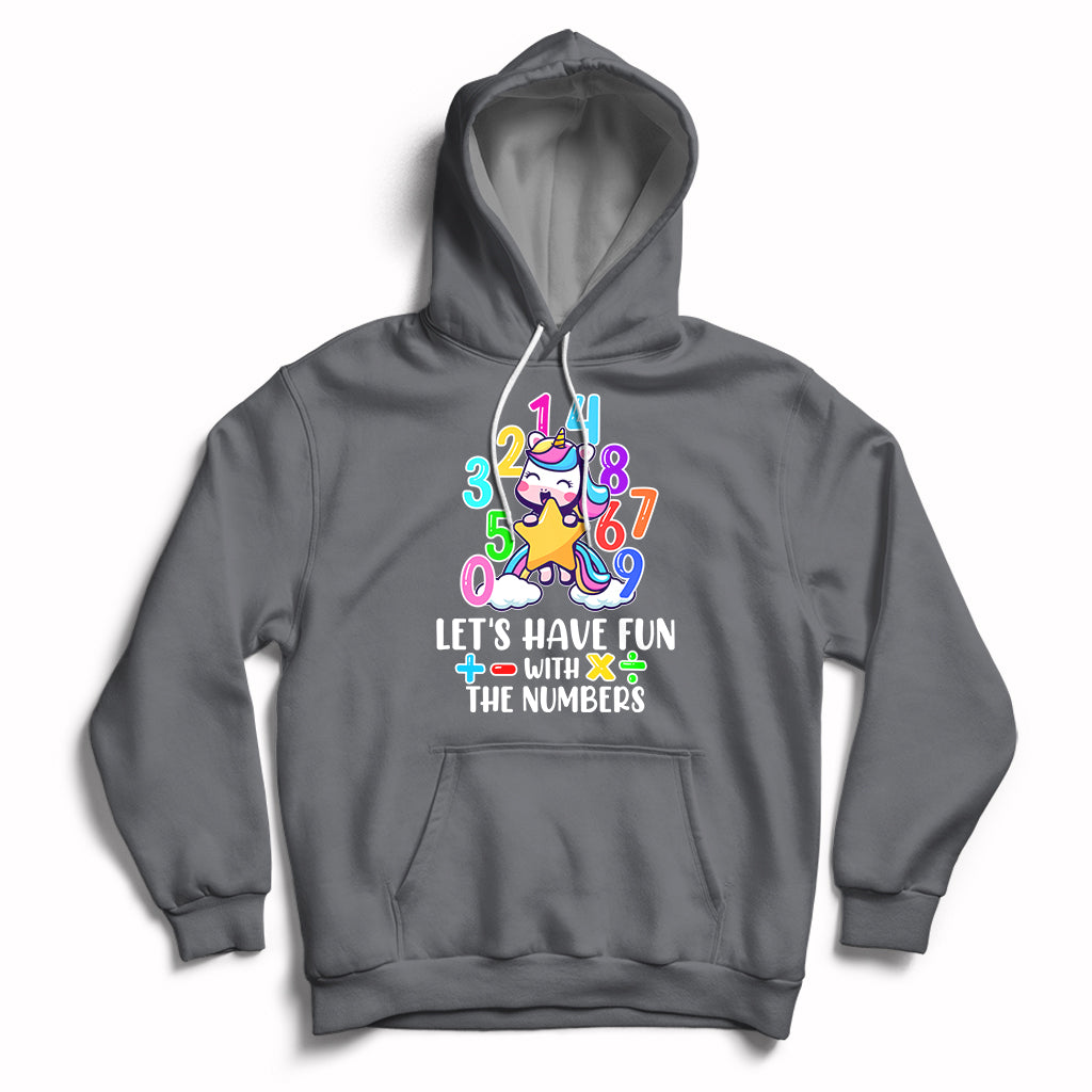 Charcoal kids unicorn math number hoodie with "Let's have fun with the numbers" graphic