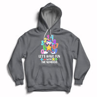 Charcoal kids unicorn math number hoodie with "Let's have fun with the numbers" graphic