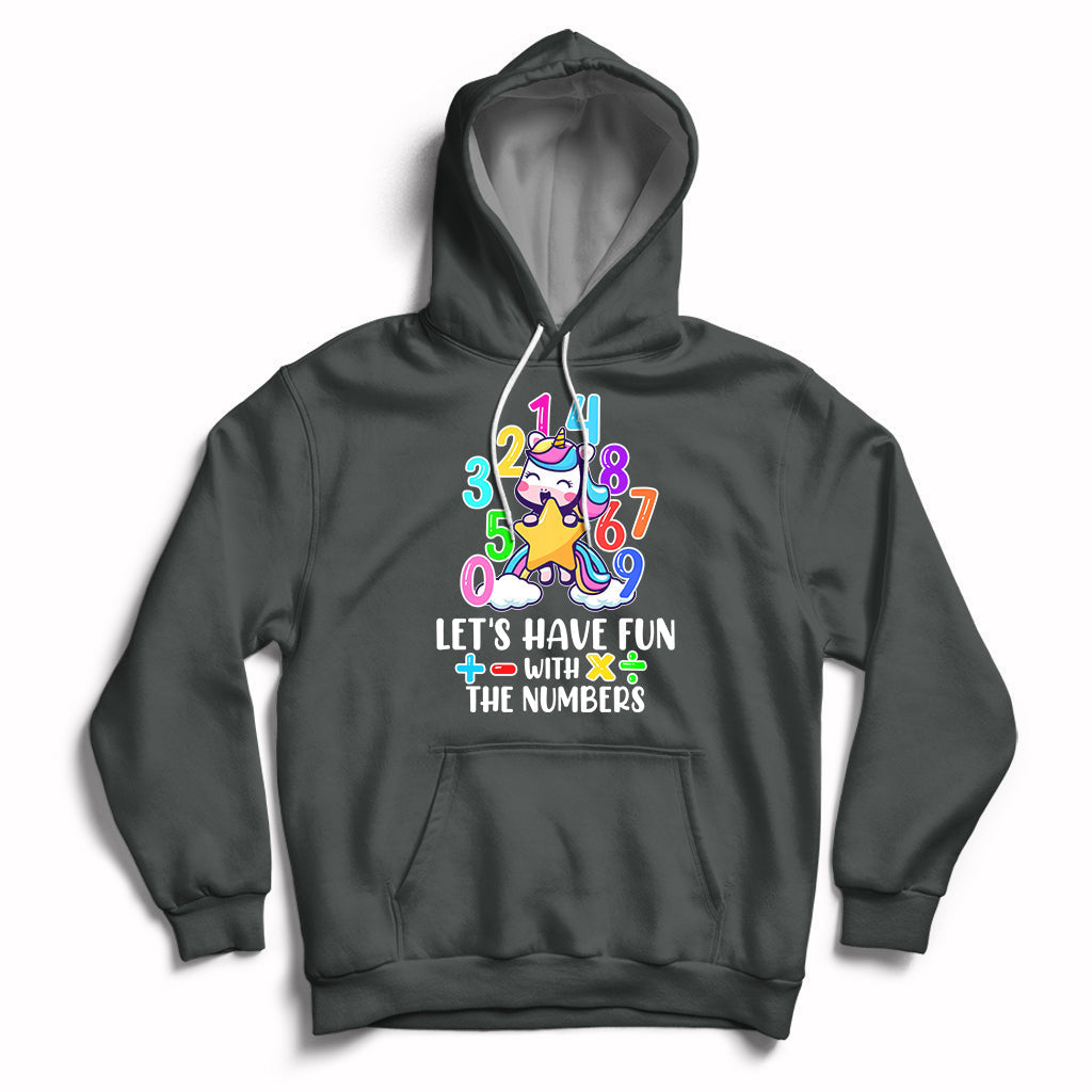 Dark gray kids unicorn math number hoodie with "Let's have fun with the numbers" graphic