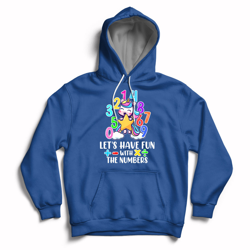 Royal blue kids unicorn math number hoodie with "Let's have fun with the numbers" graphic