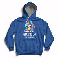 Royal blue kids unicorn math number hoodie with "Let's have fun with the numbers" graphic
