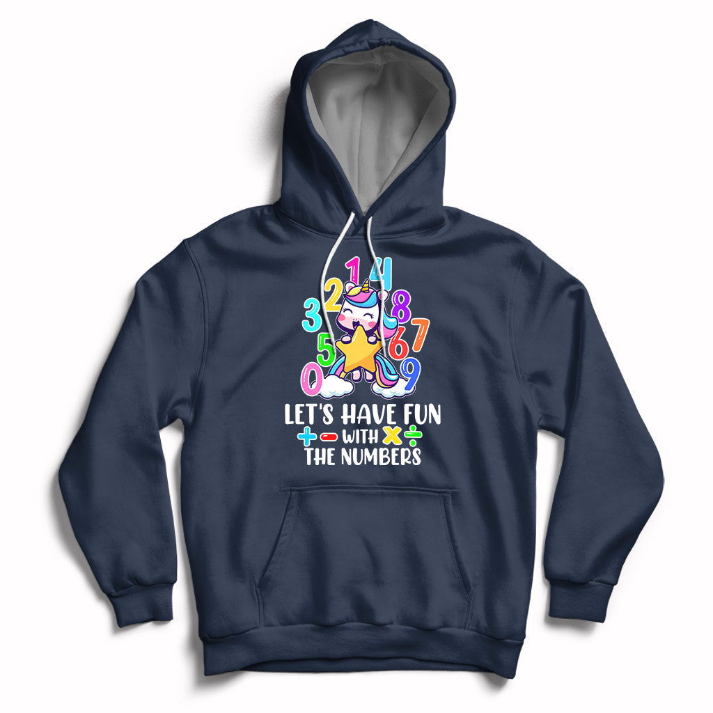 Navy kids unicorn math number hoodie with "Let's have fun with the numbers" graphic