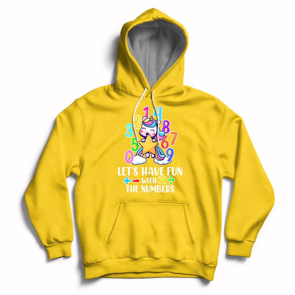 Daisy yellow kids unicorn math number hoodie with "Let's have fun with the numbers" graphic