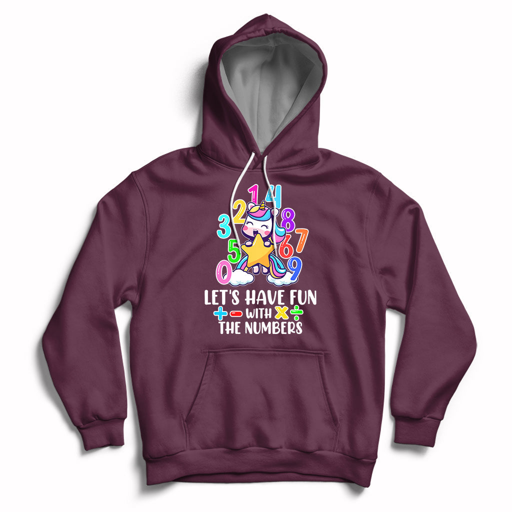 Maroon kids unicorn math number hoodie with "Let's have fun with the numbers" graphic