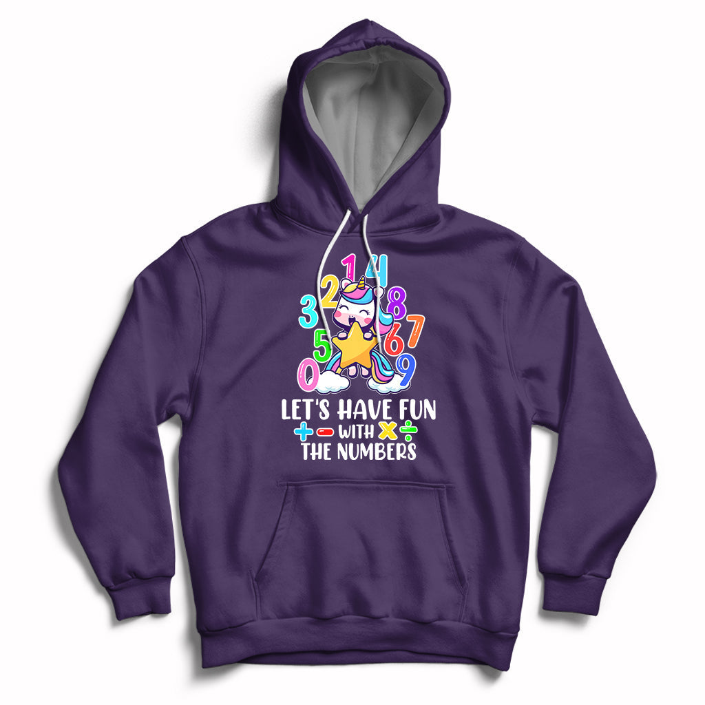 Purple kids unicorn math number hoodie with "Let's have fun with the numbers" graphic