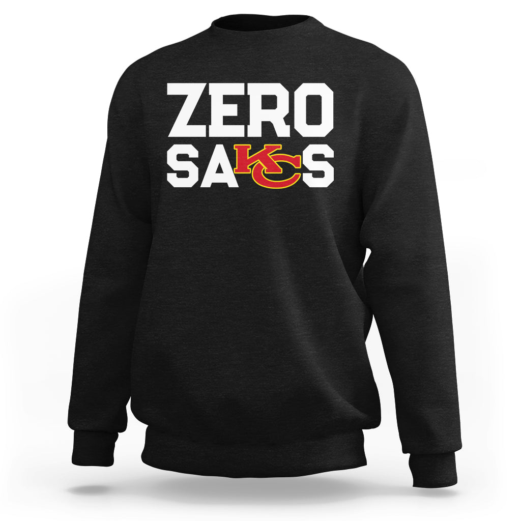 Black crewneck sweatshirt with “ZERO SACKS” graphic on the front