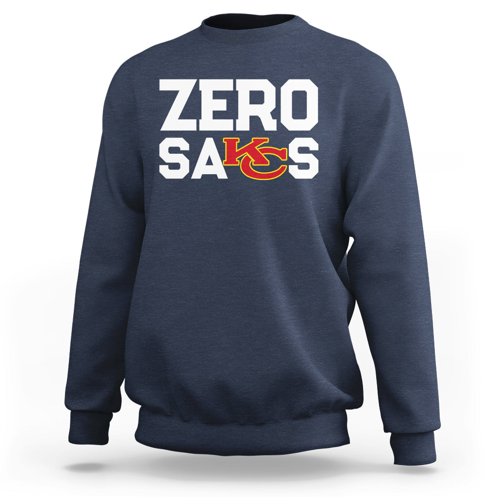 Navy crewneck sweatshirt with “ZERO SACKS” graphic on the front