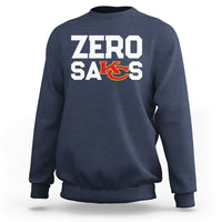 Navy crewneck sweatshirt with “ZERO SACKS” graphic on the front