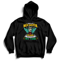 Black hoodie with front pouch pocket, drawstring hood, and colorful chest graphic