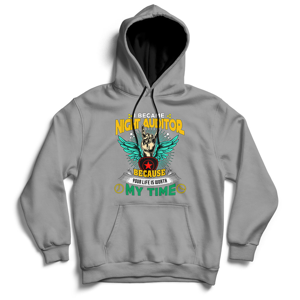 Gray hoodie with front pouch pocket, drawstring hood, and colorful chest graphic