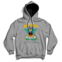 Gray hoodie with front pouch pocket, drawstring hood, and colorful chest graphic