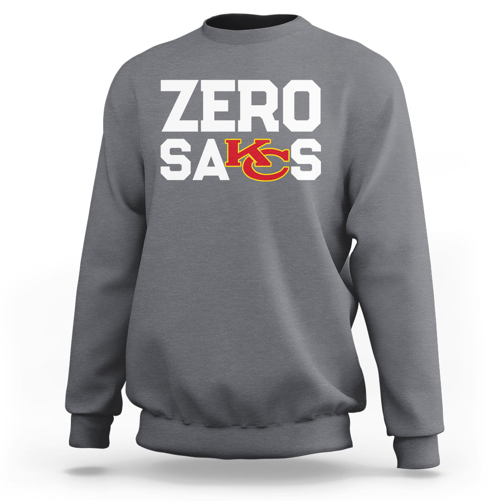 Charcoal gray crewneck sweatshirt with “ZERO SACKS” graphic on the front
