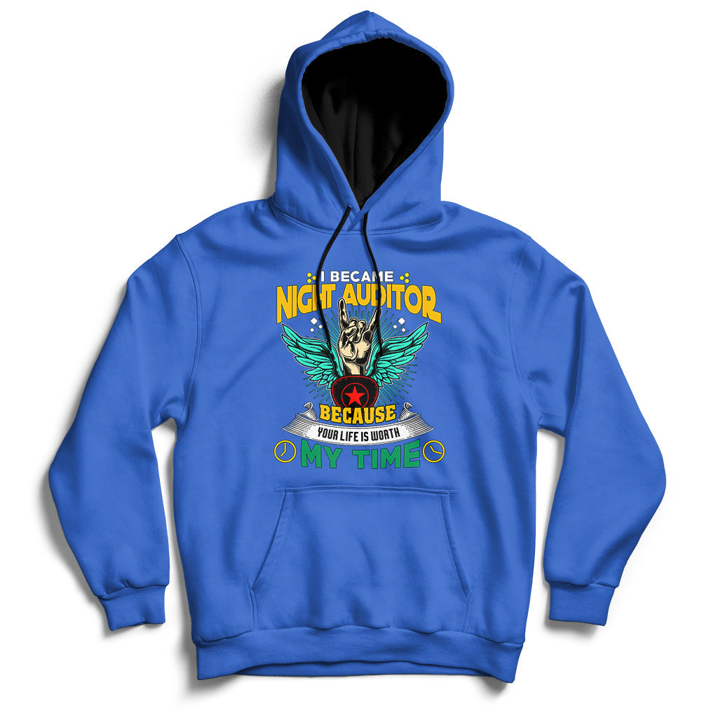 Royal blue hoodie with front pouch pocket, drawstring hood, and colorful chest graphic