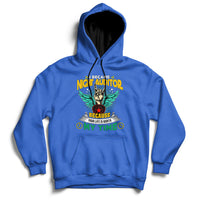 Royal blue hoodie with front pouch pocket, drawstring hood, and colorful chest graphic