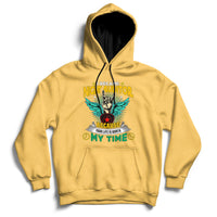 Yellow hoodie with front pouch pocket, drawstring hood, and colorful chest graphic