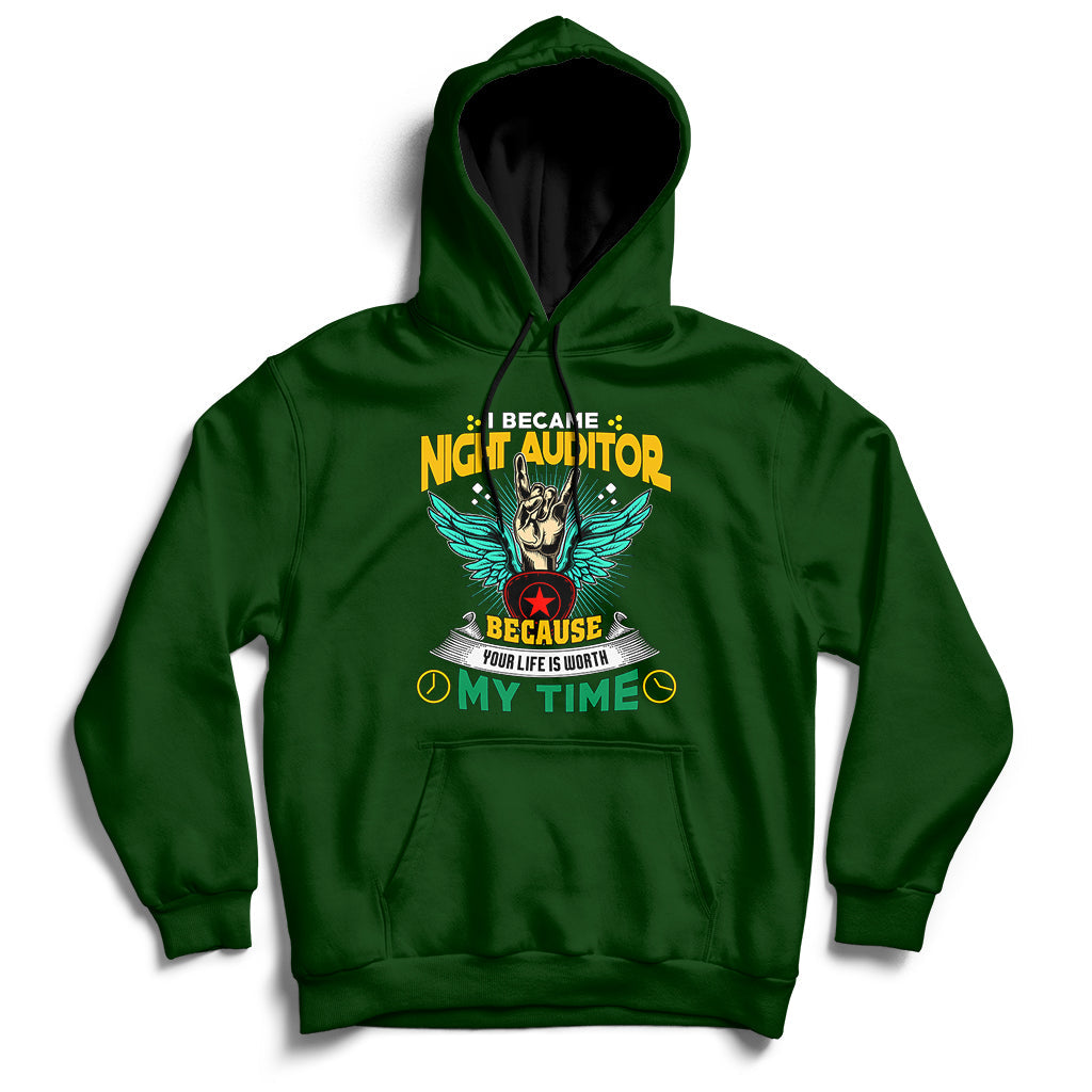 Forest green hoodie with front pouch pocket, drawstring hood, and colorful chest graphic