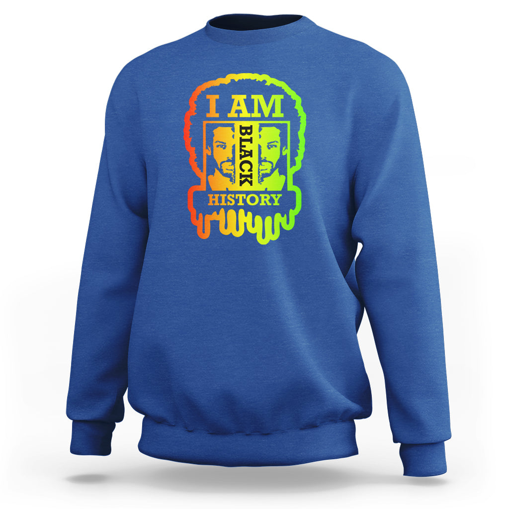 Royal blue crewneck sweatshirt with bold 'I AM BLACK HISTORY' graphic