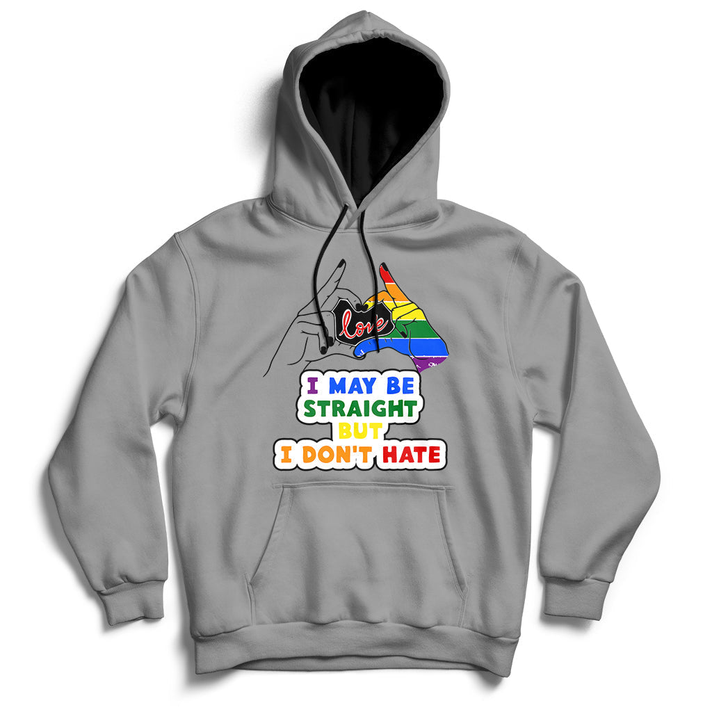 Gray pullover hoodie with front multicolor rainbow heart and slogan graphic.