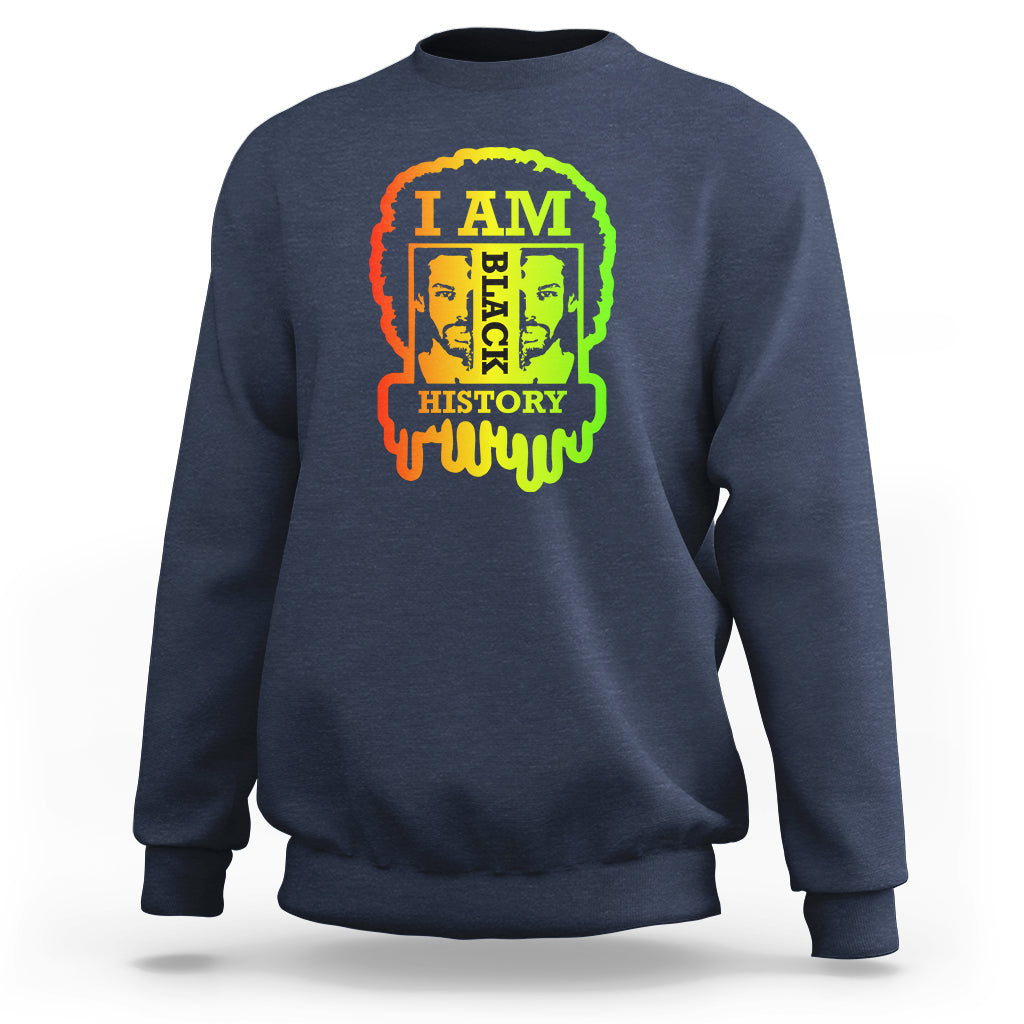 Navy crewneck sweatshirt with bold 'I AM BLACK HISTORY' graphic