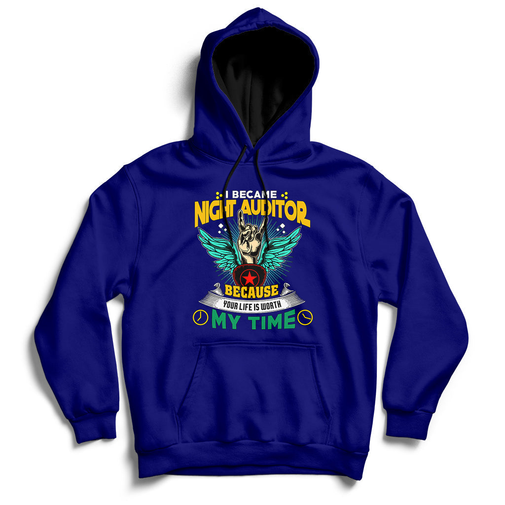 Navy hoodie with front pouch pocket, drawstring hood, and colorful chest graphic