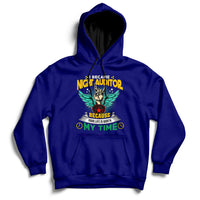 Navy hoodie with front pouch pocket, drawstring hood, and colorful chest graphic