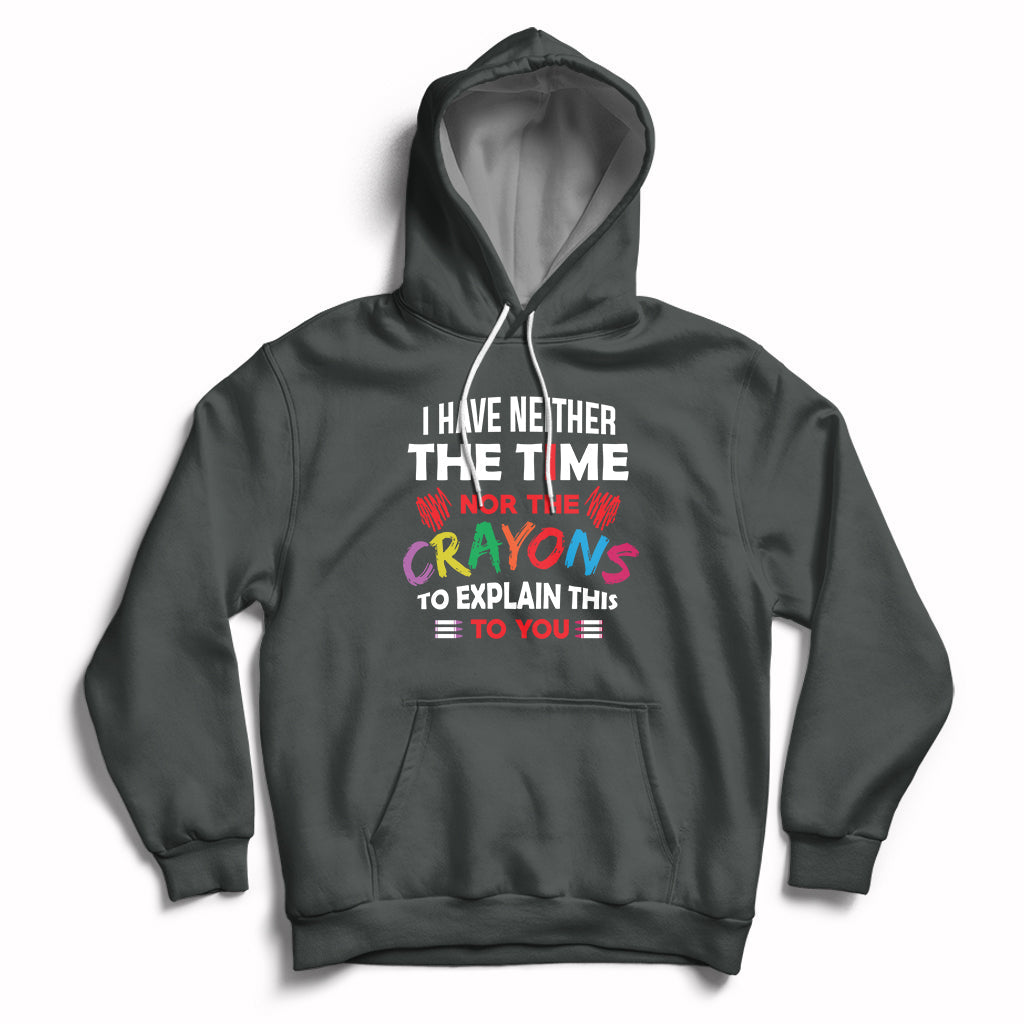 Dark gray hoodie with colorful quote graphic, front kangaroo pocket, and drawstring hood