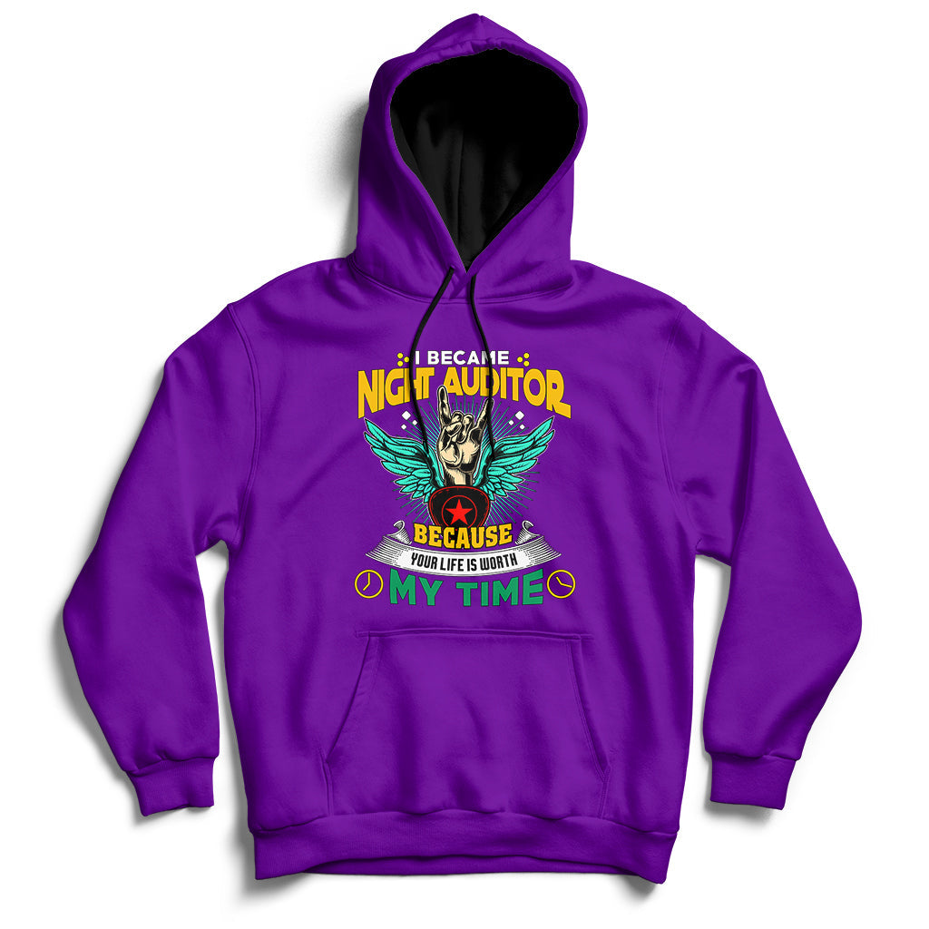 Purple hoodie with front pouch pocket, drawstring hood, and colorful chest graphic