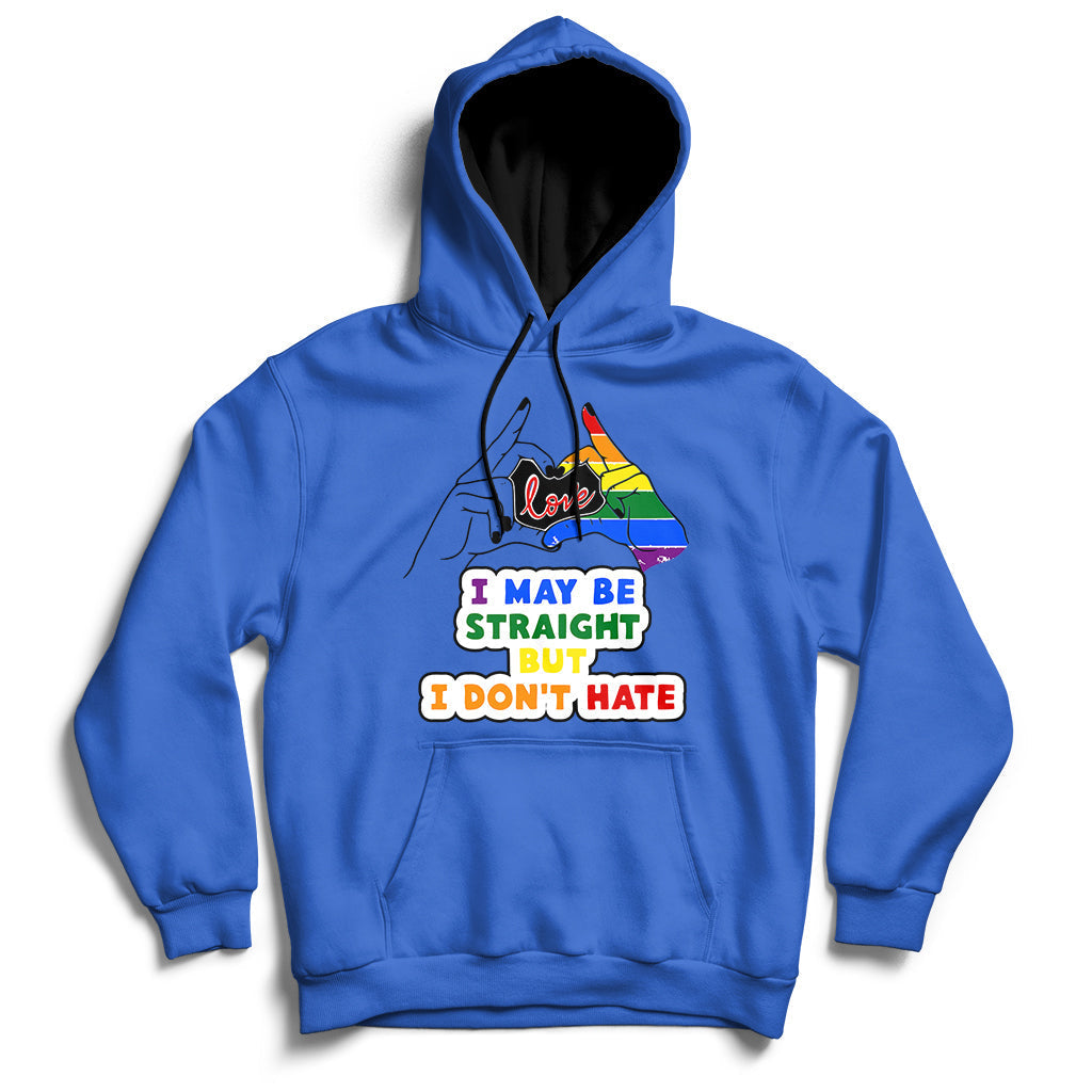 Royal blue pullover hoodie with front multicolor rainbow heart and slogan graphic.