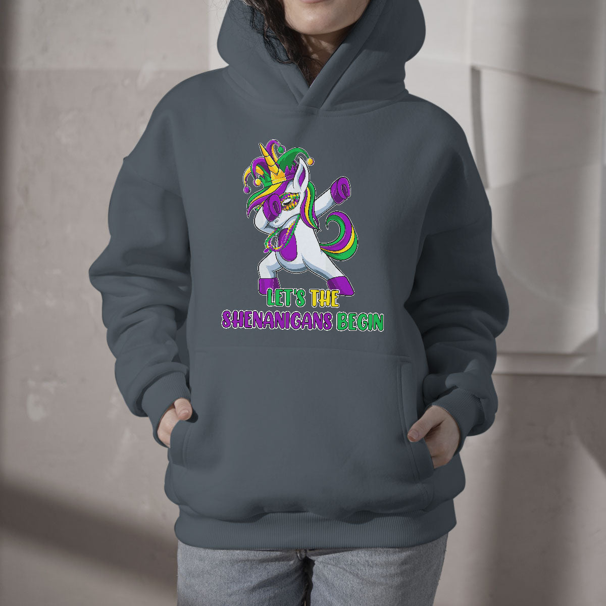 Let The Shenanigans Begin Mardi Gras Costume Carnival Mask Cute Dabbing Unicorn Hoodie - Wonder Print Shop