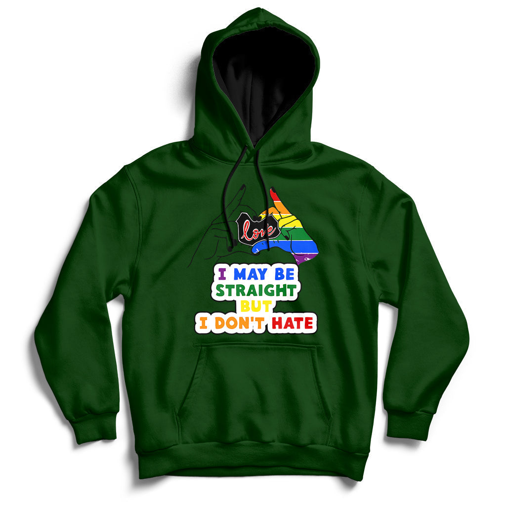 Forest green pullover hoodie with front multicolor rainbow heart and slogan graphic.
