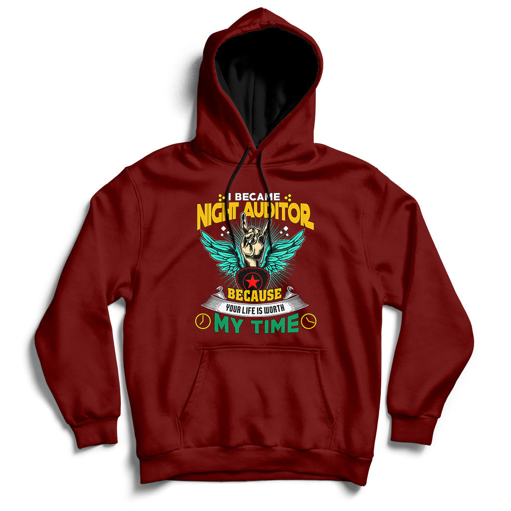 Maroon hoodie with front pouch pocket, drawstring hood, and colorful chest graphic