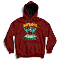 Maroon hoodie with front pouch pocket, drawstring hood, and colorful chest graphic