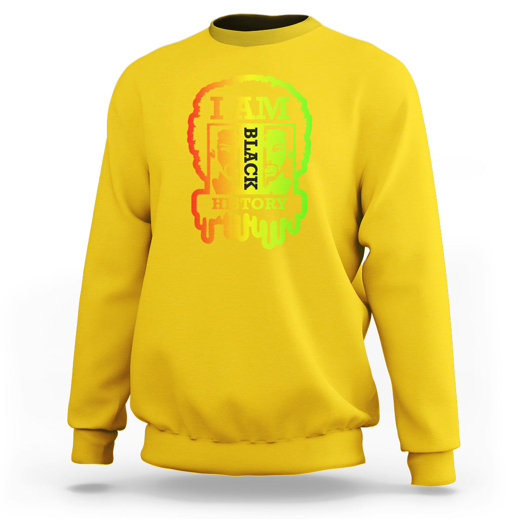 Yellow crewneck sweatshirt with bold 'I AM BLACK HISTORY' graphic