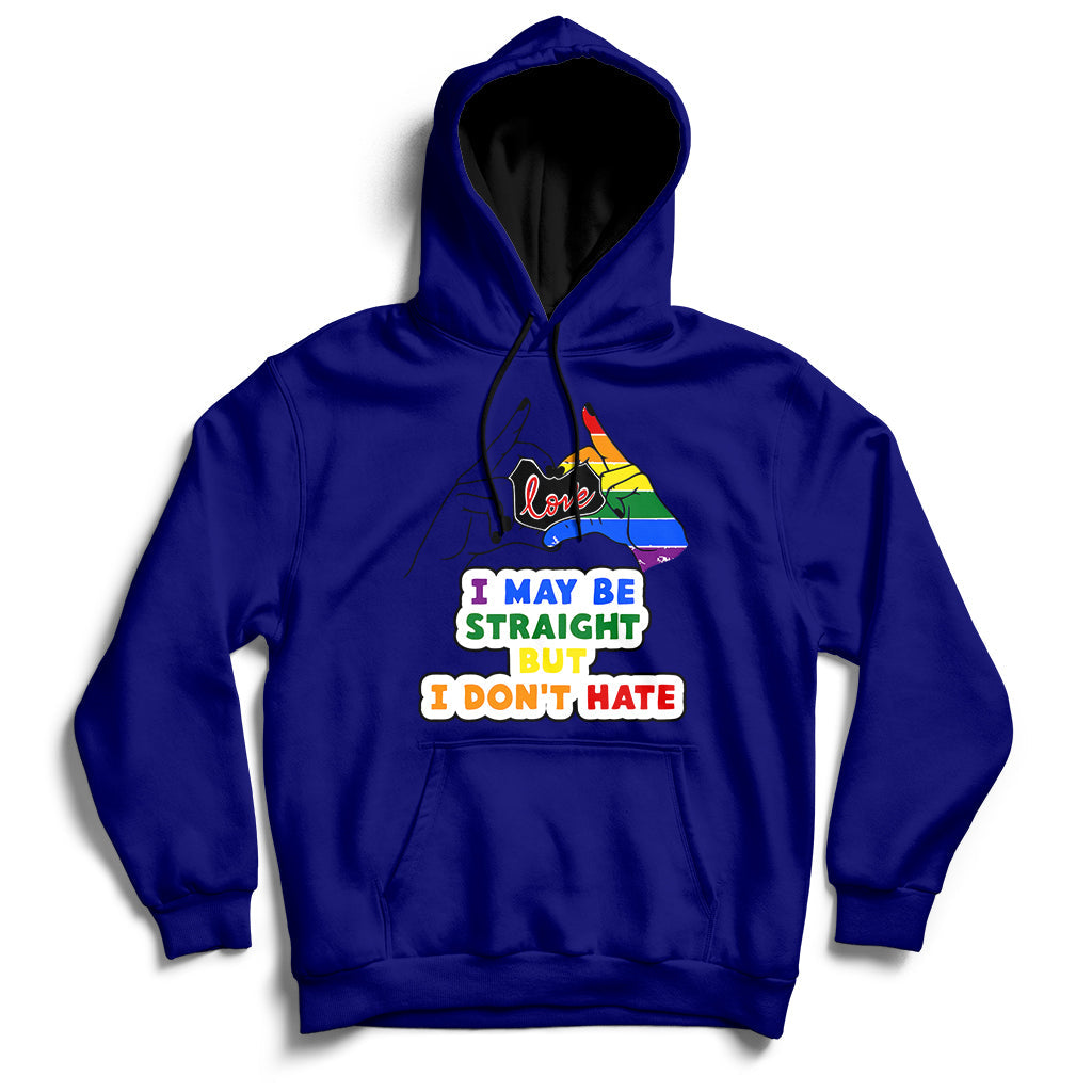 Navy pullover hoodie with front multicolor rainbow heart and slogan graphic.