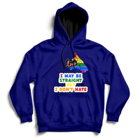 Navy pullover hoodie with front multicolor rainbow heart and slogan graphic.