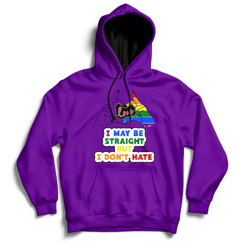 Purple pullover hoodie with front multicolor rainbow heart and slogan graphic.