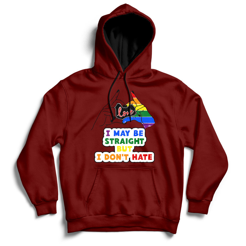 Maroon pullover hoodie with front multicolor rainbow heart and slogan graphic.