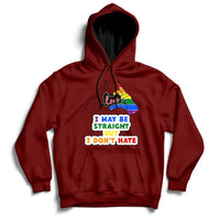 Maroon pullover hoodie with front multicolor rainbow heart and slogan graphic.