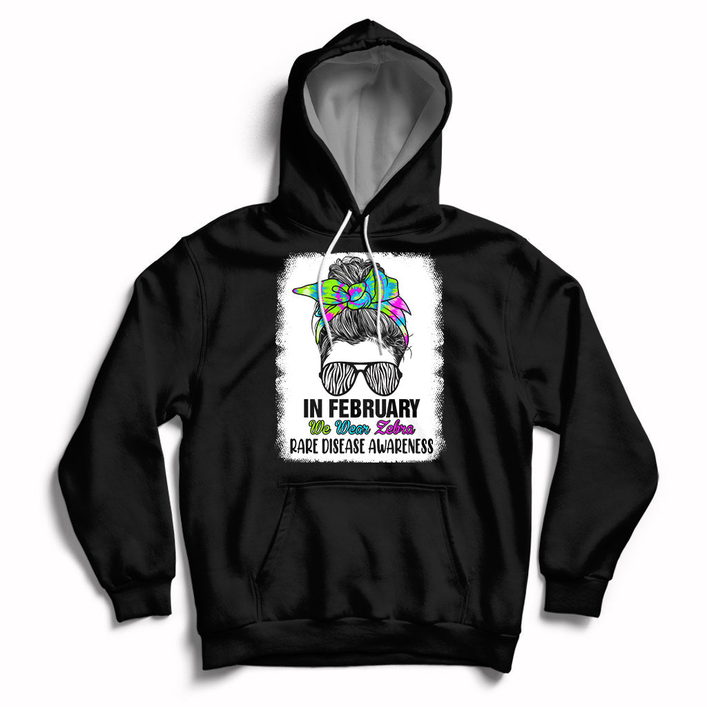 In February We Wear Zebra Rare Disease Awareness Zebra Messy Bun Hoodie - Wonder Print Shop