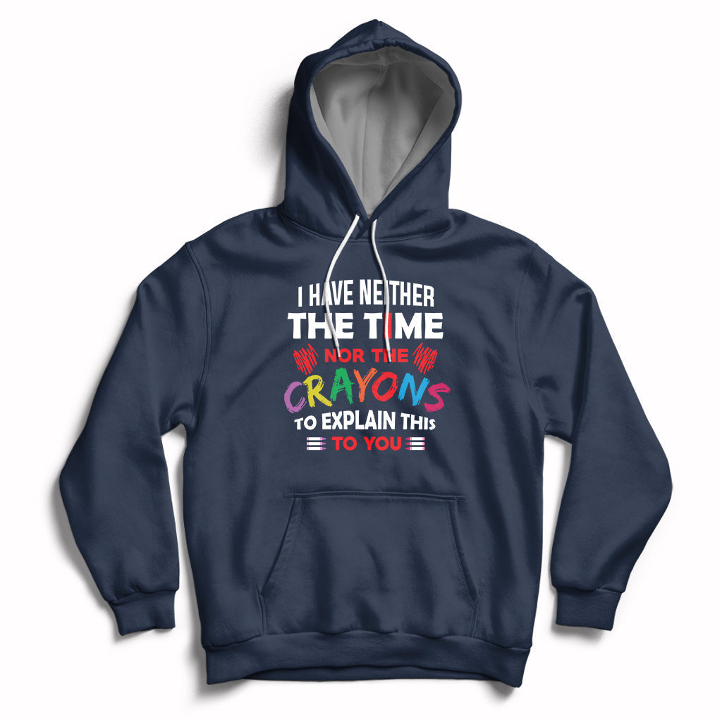 Navy hoodie with colorful quote graphic, front kangaroo pocket, and drawstring hood