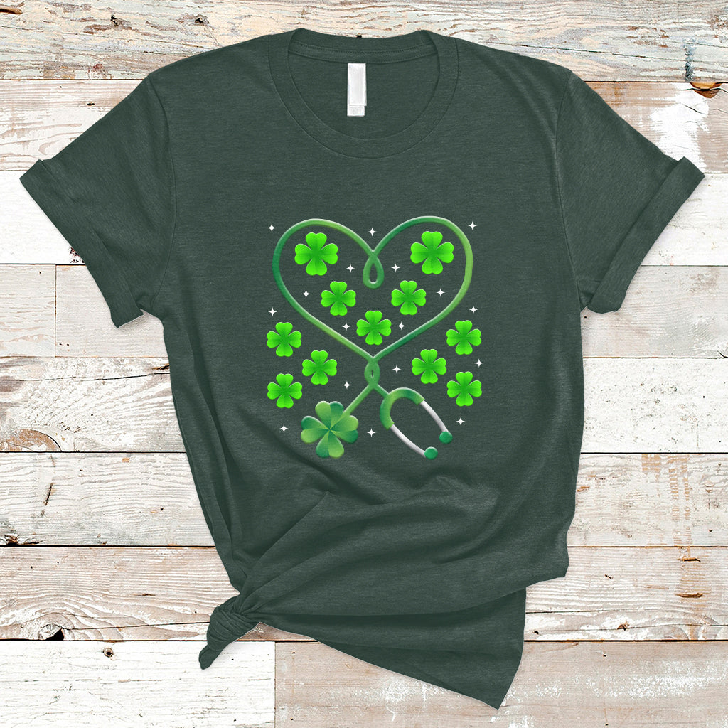 Shamrock Nurse St Patricks Day Stethoscope Heartbeat Clover T Shirt - Wonder Print Shop