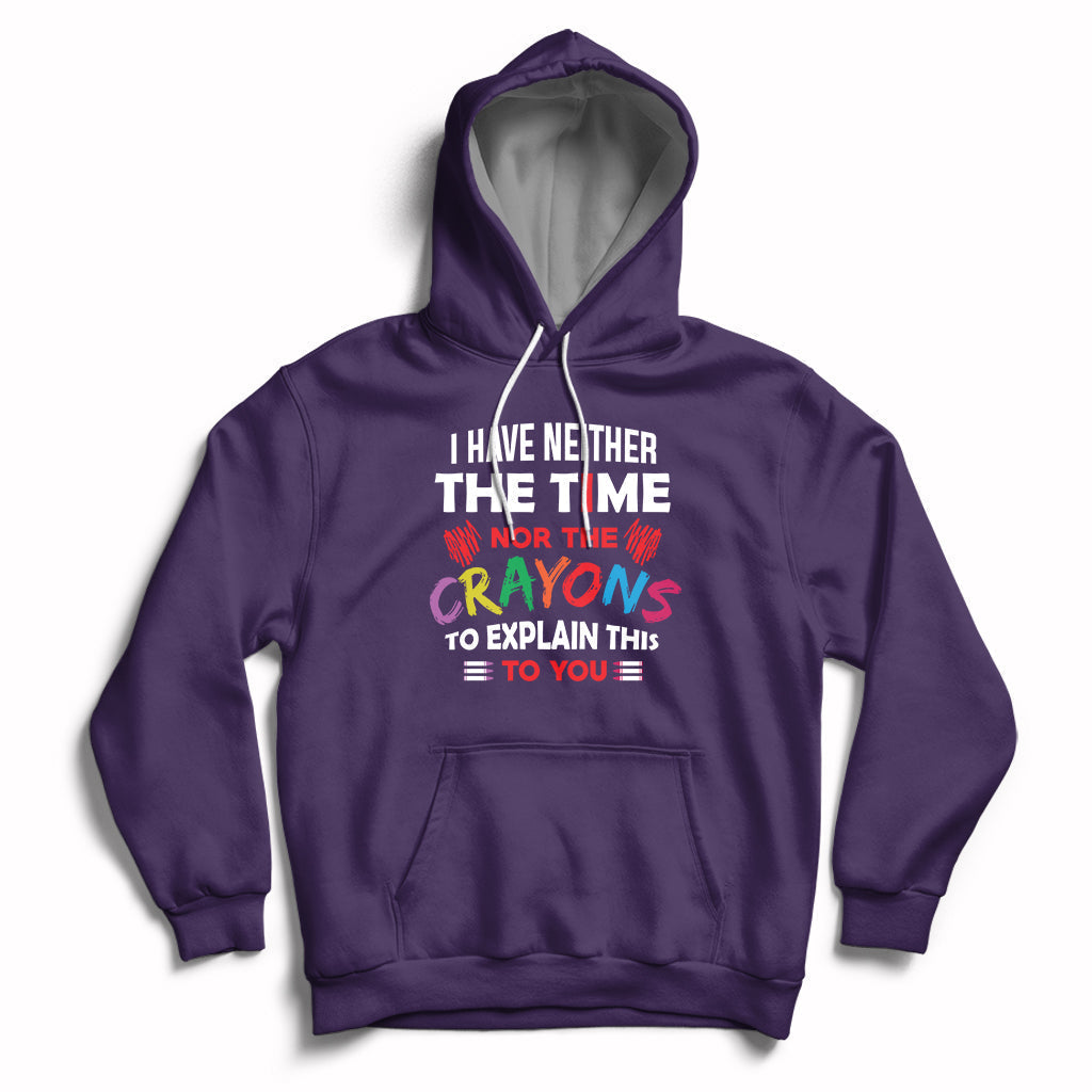 Purple hoodie with colorful quote graphic, front kangaroo pocket, and drawstring hood
