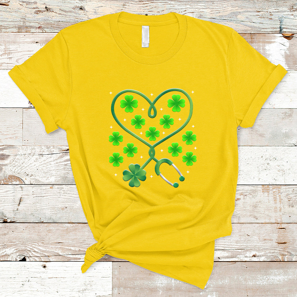 Shamrock Nurse St Patricks Day Stethoscope Heartbeat Clover T Shirt - Wonder Print Shop