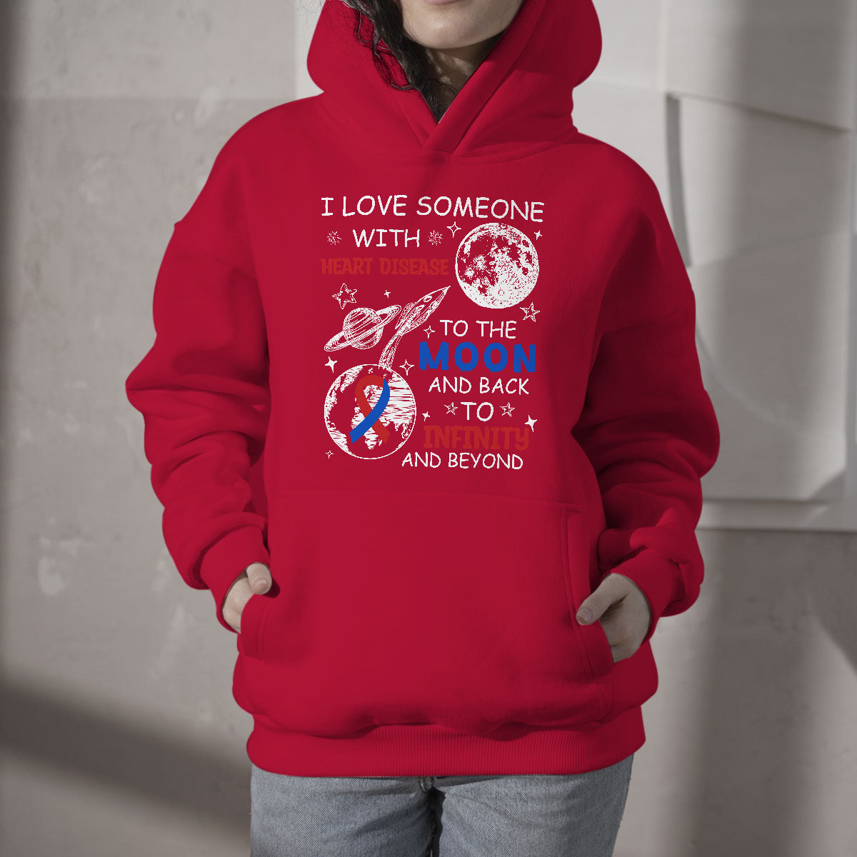 Bright red pullover hoodie with heart disease moon and infinity graphic