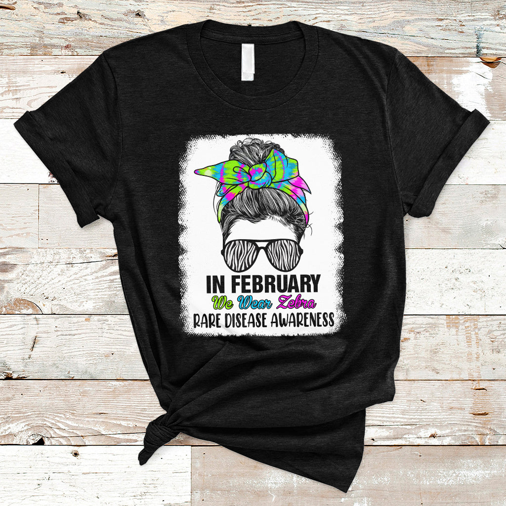 In February We Wear Zebra Rare Disease Awareness Zebra Messy Bun T Shirt - Wonder Print Shop