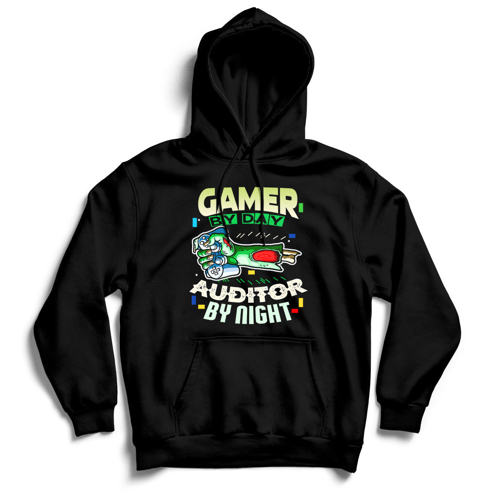 Black hoodie with front kangaroo pocket and “GAMER / AUDITOR BY NIGHT” graphic.